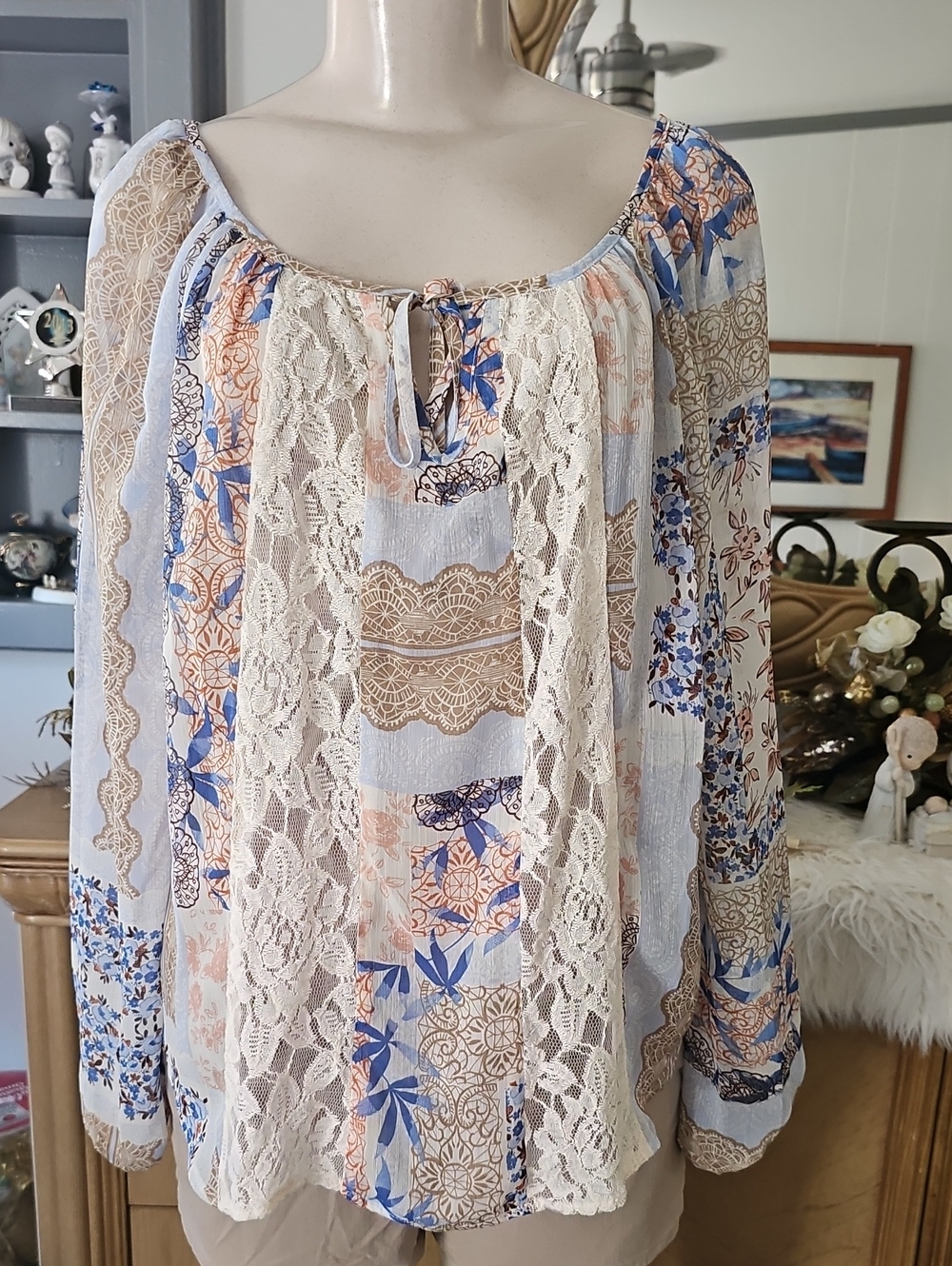 BCX Women’s Boho Lace Panel Printed Peasant Top - Cream & Blue XL